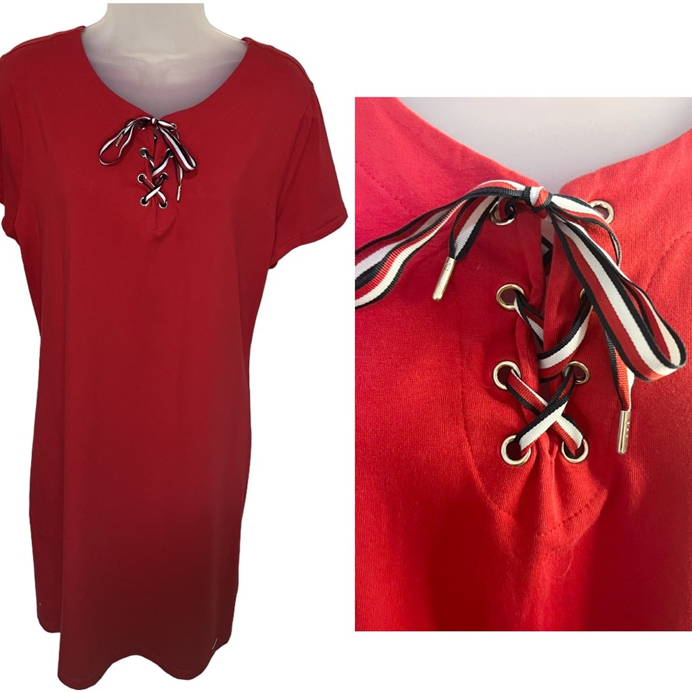 Tommy Hilfiger Dress XL Red White Blue Lace Up Cotton Short Sleeve Women Logo